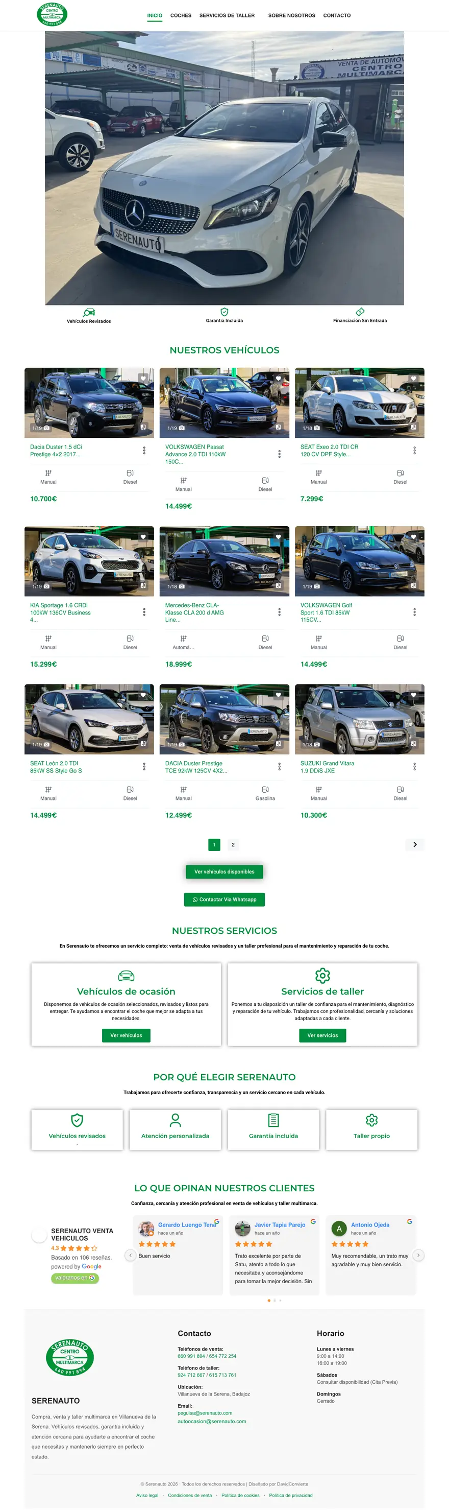 Web de Serenauto completa, de arriba abajo
